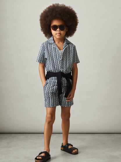 9-13 yrs Zig-Zag Knit Drawstring Shorts in Blue | Reiss Children & Baby New