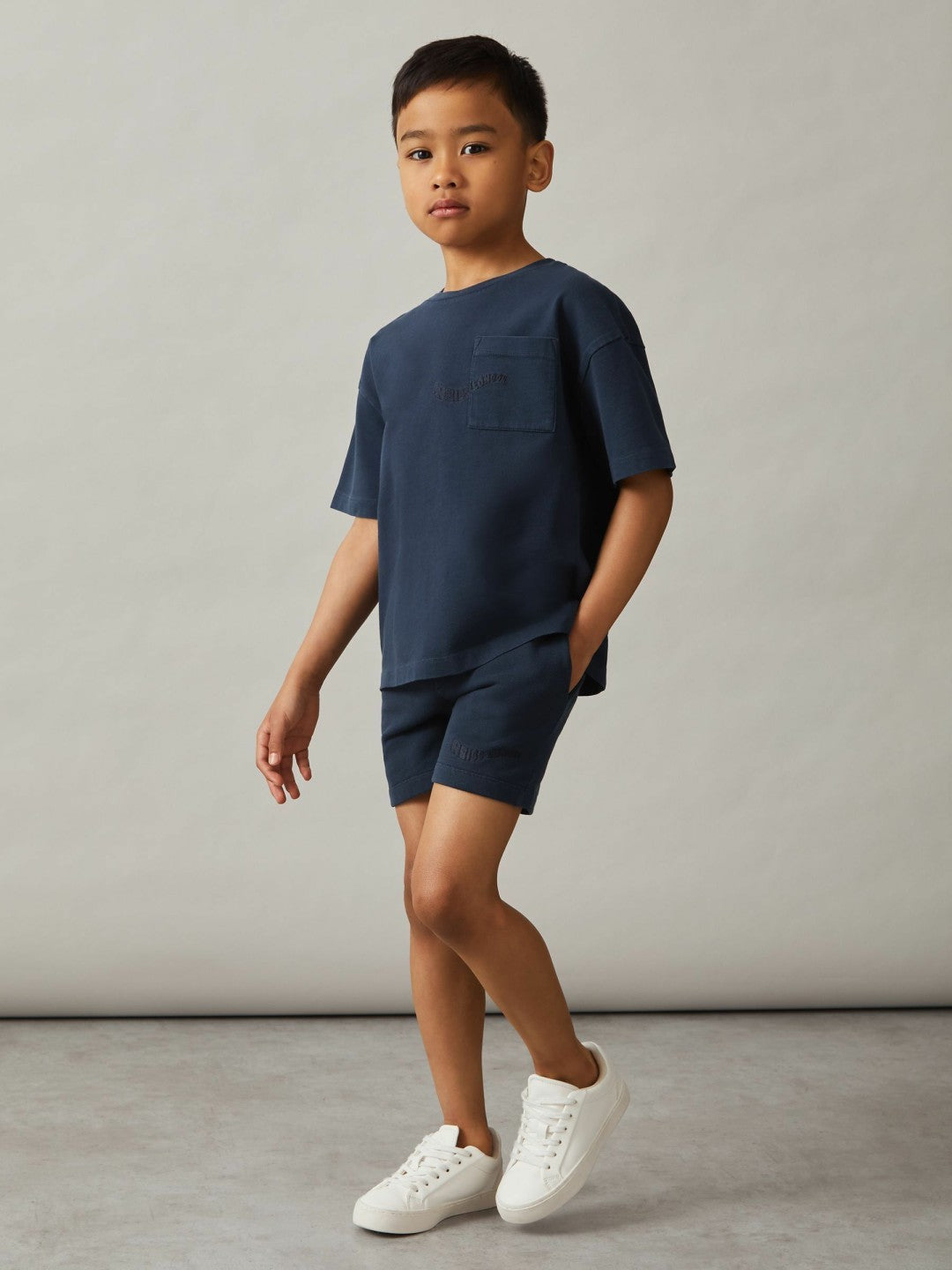9-13 yrs Cotton Brand-Embroidered Shorts in Washed Navy | Reiss Children & Baby Premium
