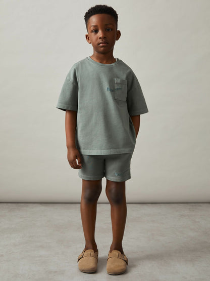 3-9 yrs Cotton Brand-Embroidered Shorts in Washed Sage | Reiss Children & Baby Trending