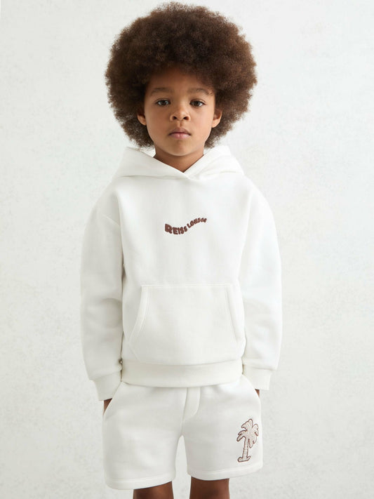 9-13 yrs Cotton-Blend Palm-Embroidered Hoodie in Off White | Reiss Children & Baby Featured