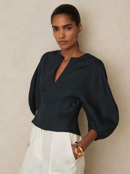 Linen Balloon-Sleeve Top in Navy | Reiss Women Exclusive