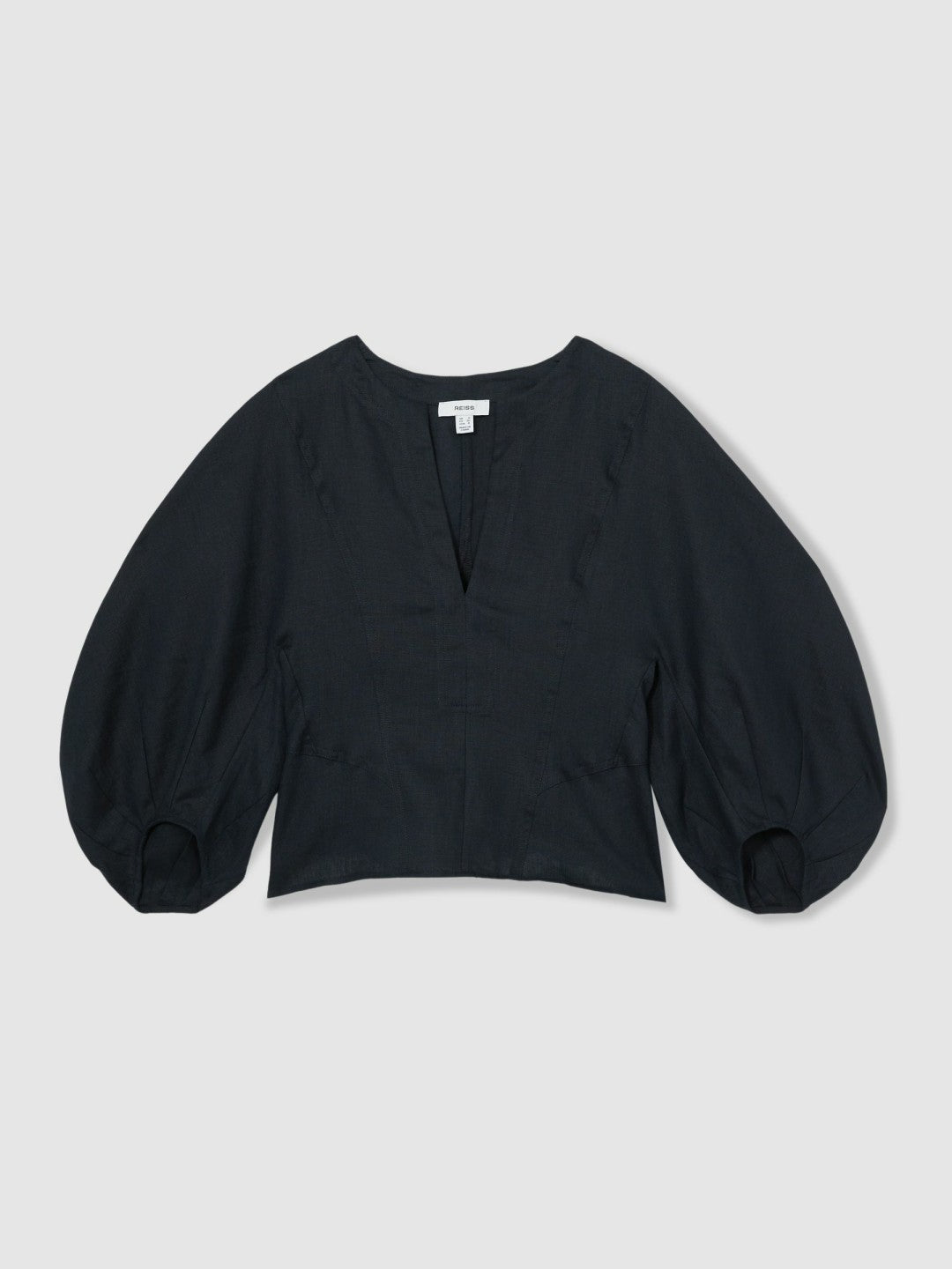 Linen Balloon-Sleeve Top in Navy | Reiss Women Exclusive