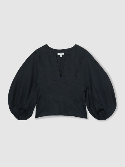 Linen Balloon-Sleeve Top in Navy | Reiss Women Exclusive