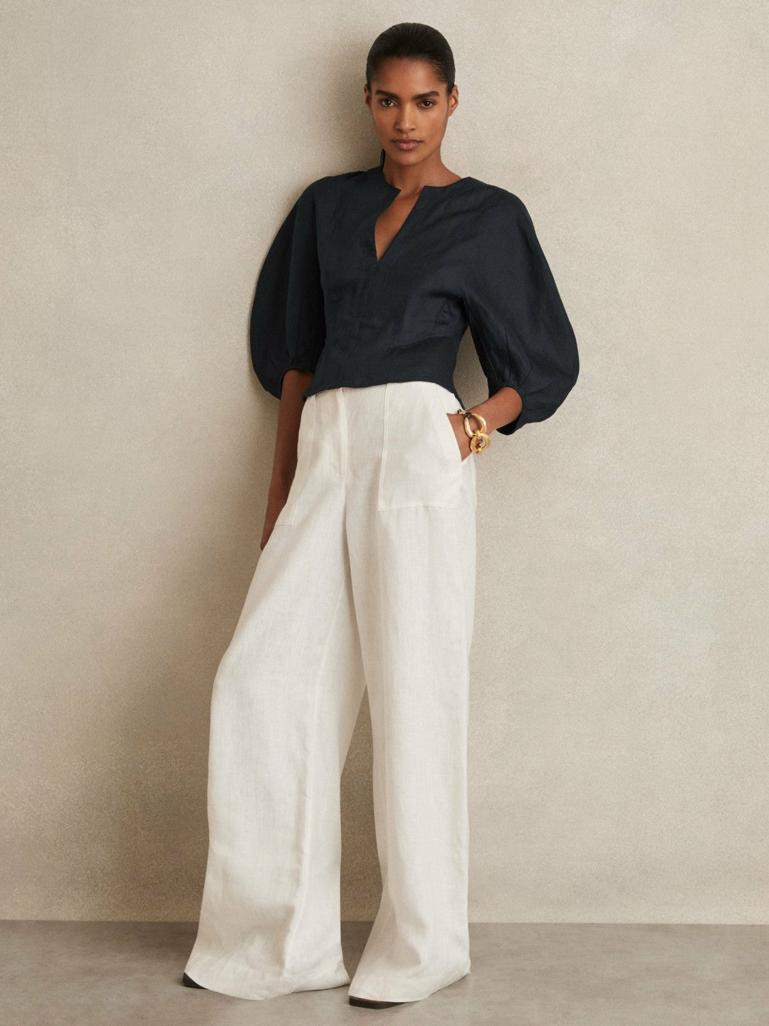 Linen Balloon-Sleeve Top in Navy | Reiss Women Exclusive