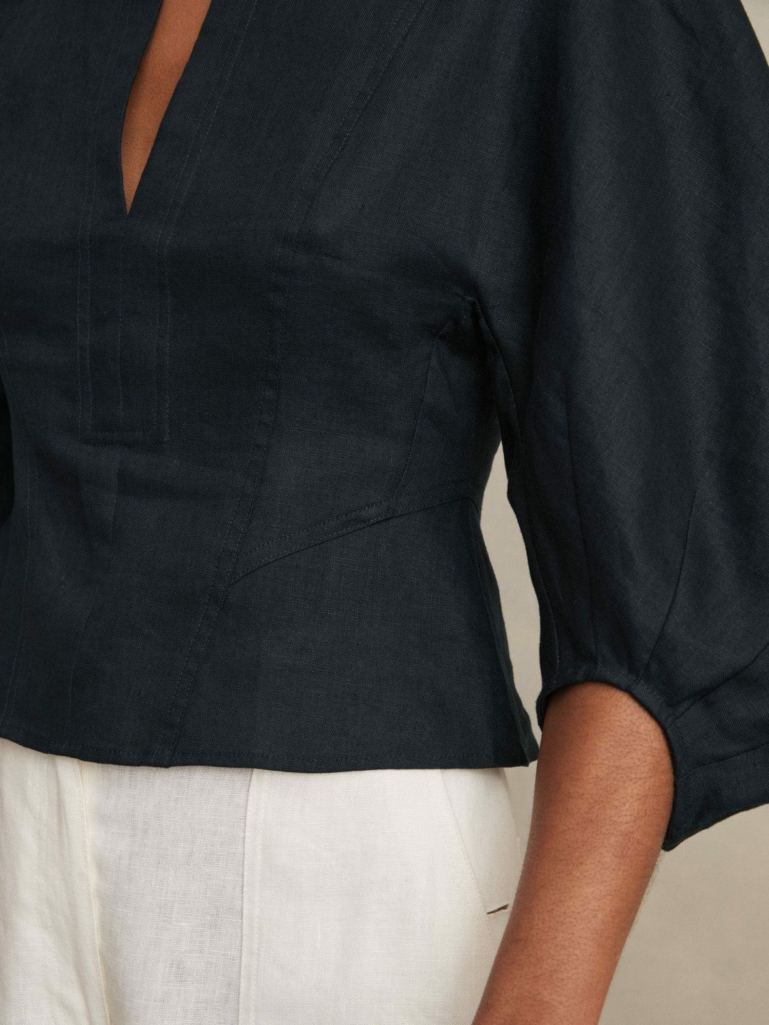 Linen Balloon-Sleeve Top in Navy | Reiss Women Exclusive
