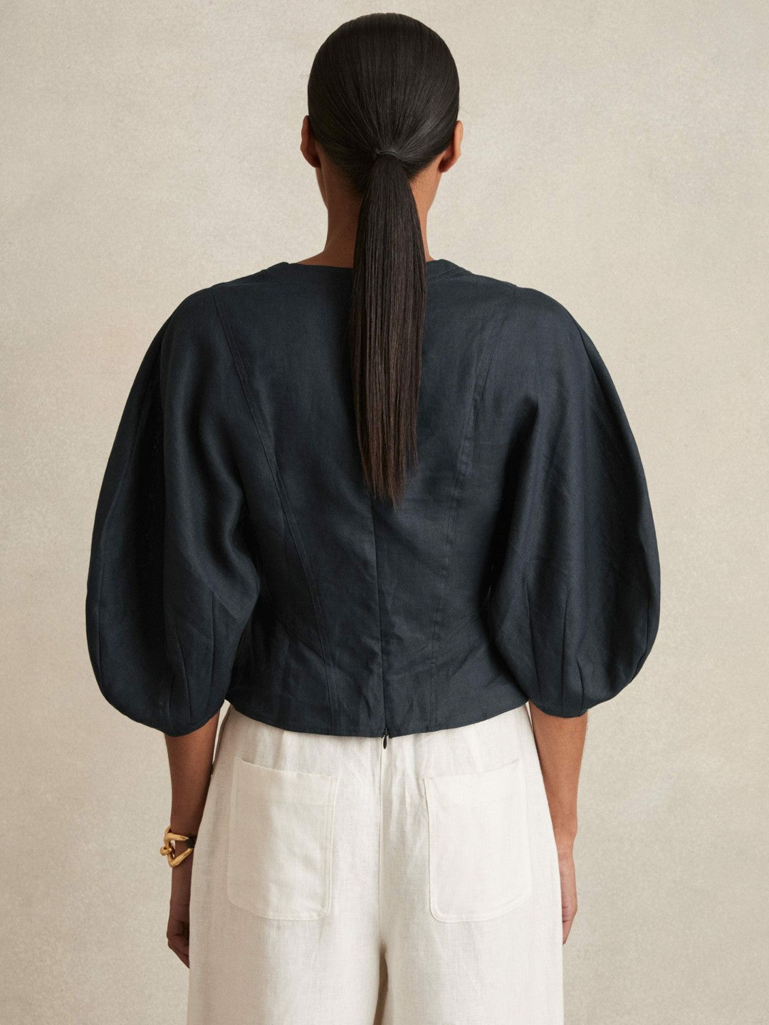 Linen Balloon-Sleeve Top in Navy | Reiss Women Exclusive