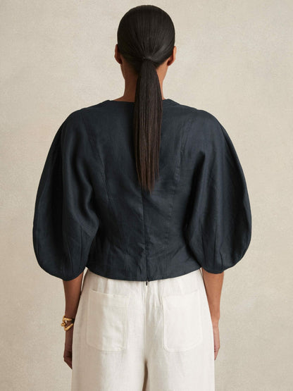 Linen Balloon-Sleeve Top in Navy | Reiss Women Exclusive