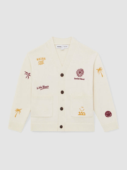 4-9 yrs SmileyWorld Embroidery Cardigan Unisex Fit in Off White | Reiss Children & Baby Popular