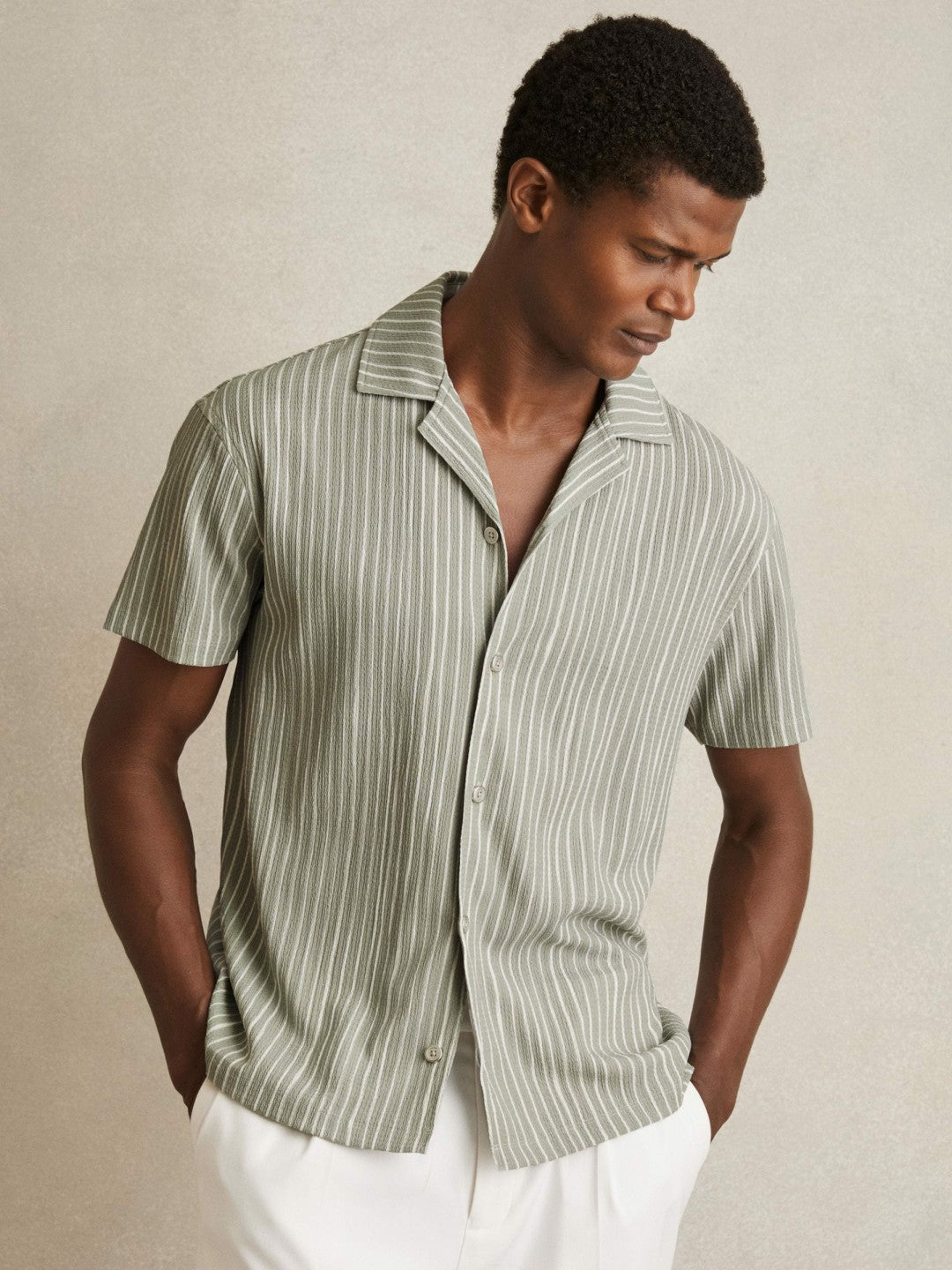 Textured Stripe Cuban Collar Shirt in Sage/White | Reiss Men New