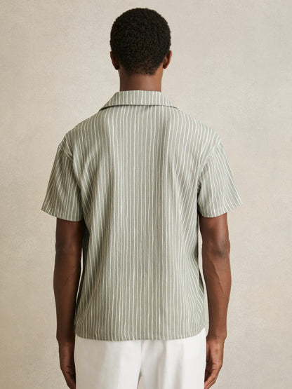 Textured Stripe Cuban Collar Shirt in Sage/White | Reiss Men New