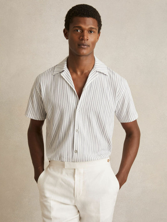 Textured Stripe Cuban Collar Shirt in White/Soft Blue | Reiss Men Best Seller