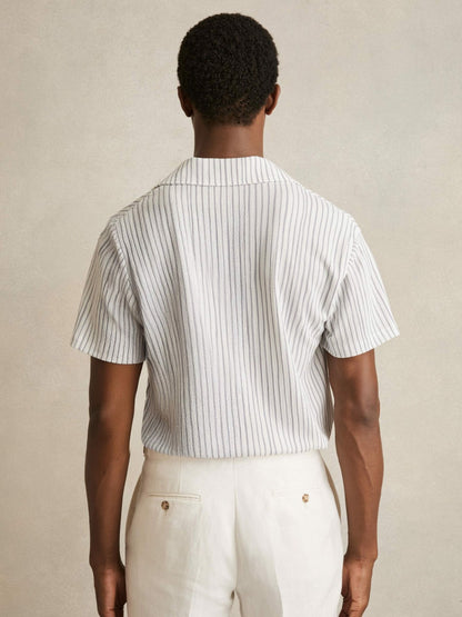 Textured Stripe Cuban Collar Shirt in White/Soft Blue | Reiss Men Best Seller
