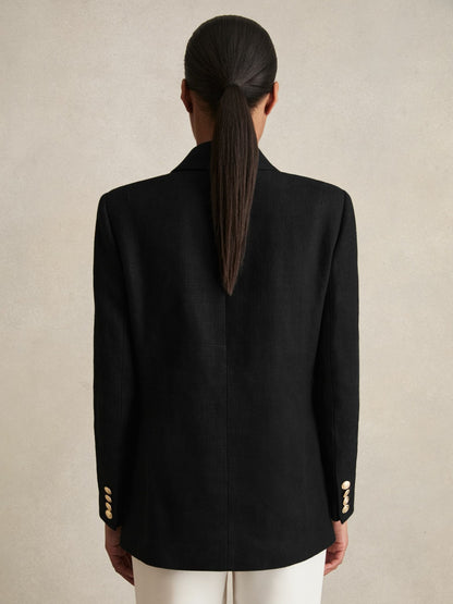 Oversized Double-Breasted Blazer Linen-Blend in Black | Reiss Women Premium