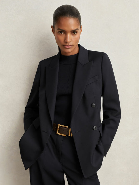 Wool Blend Double Breasted Suit Blazer in Navy | Reiss Women Trending