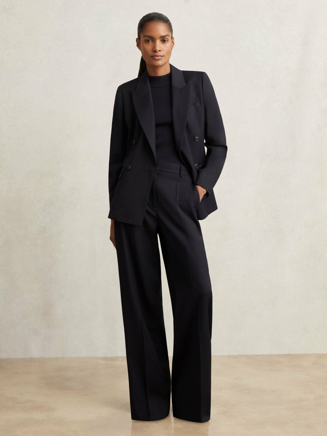 Wool Blend Double Breasted Suit Blazer in Navy | Reiss Women Trending