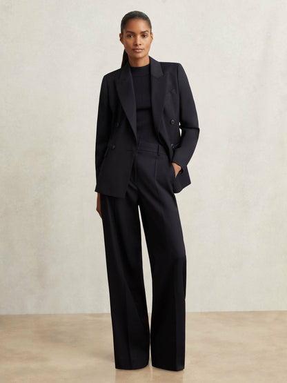 Wool Blend Double Breasted Suit Blazer in Navy | Reiss Women Trending
