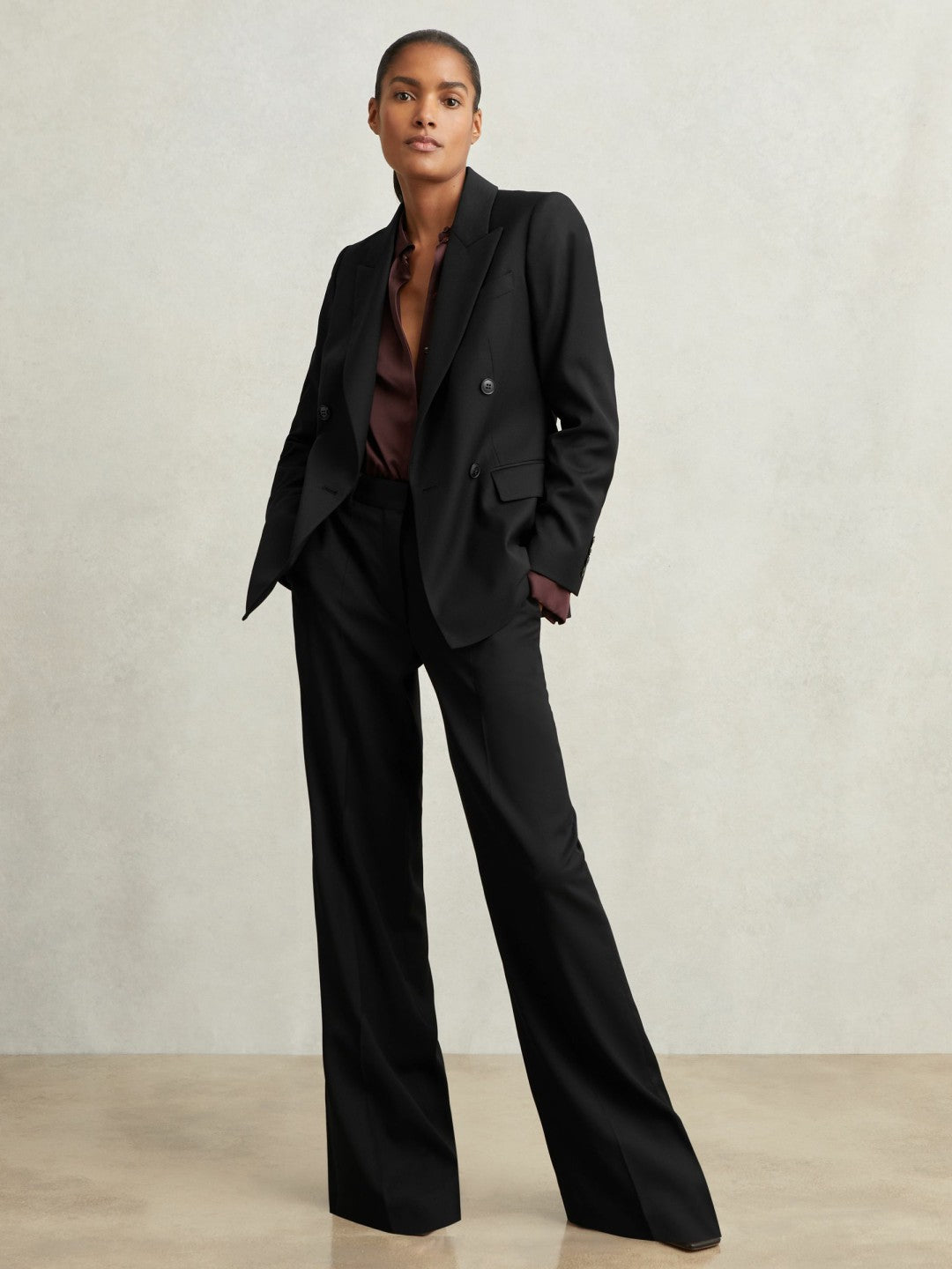 Wool-Blend Wide-Leg Suit Trousers in Black | Reiss Women Premium