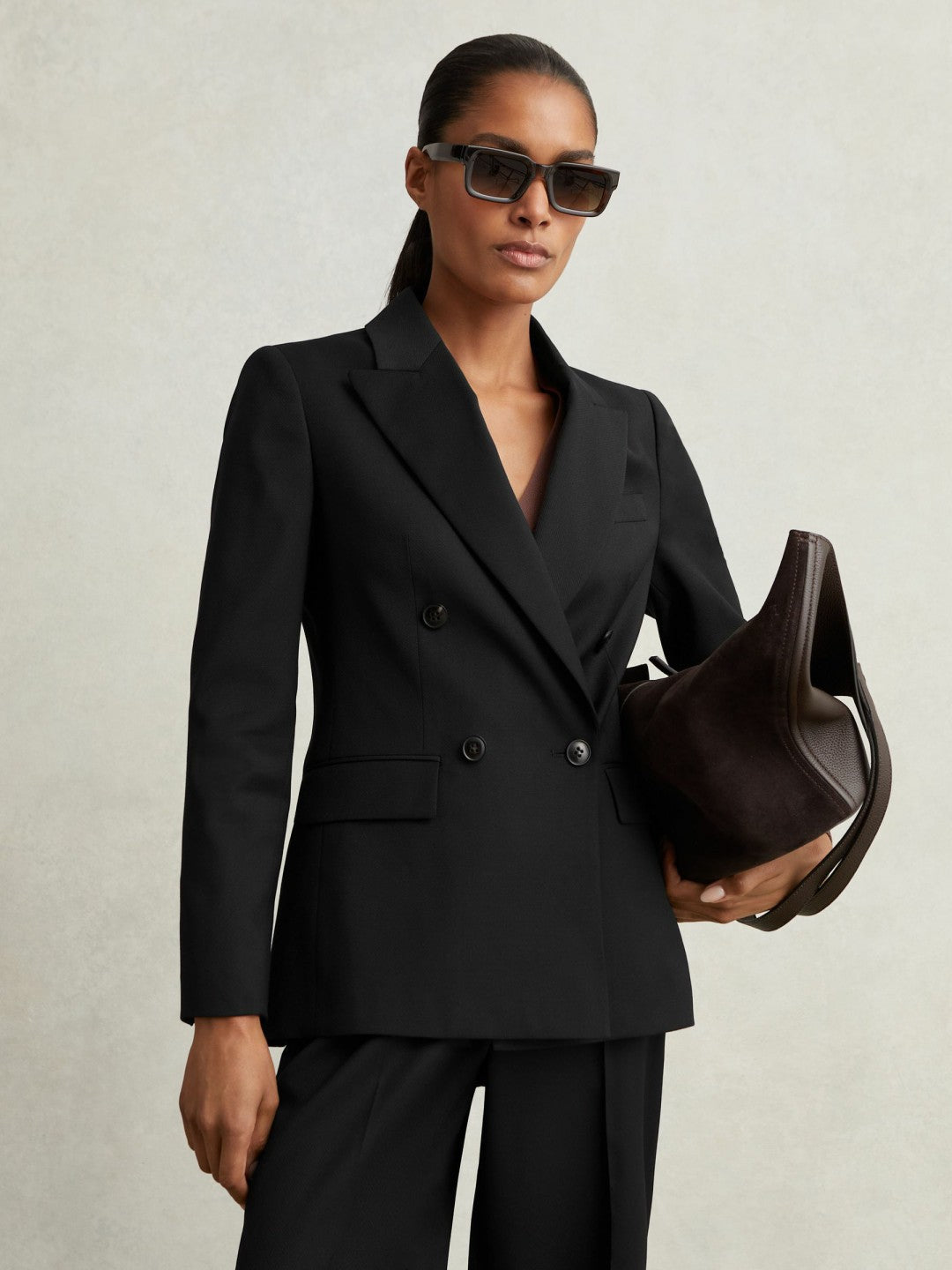 Wool Blend Double Breasted Suit Blazer in Black | Reiss Women New