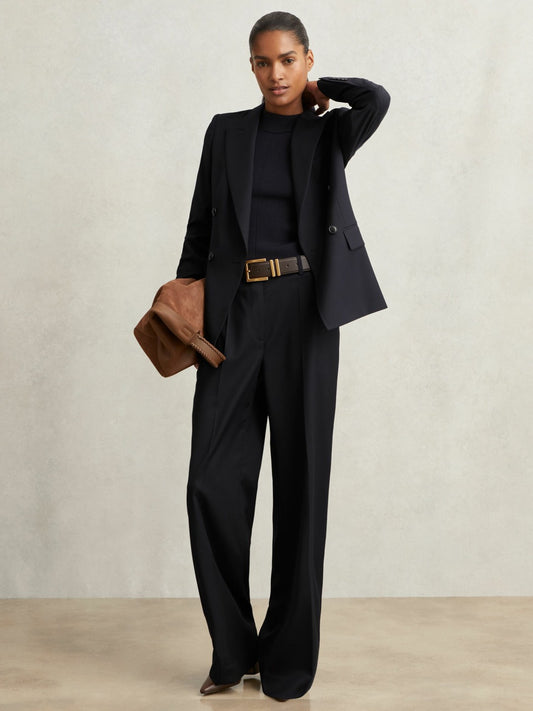 Wool-Blend Wide-Leg Suit Trousers in Navy | Reiss Women New