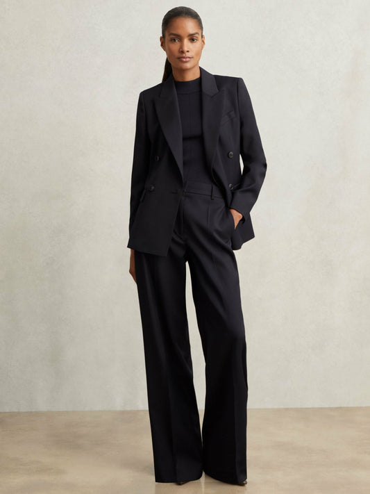 Petite Wool-Blend Wide-Leg Suit Trousers in Navy | Reiss Women Signature
