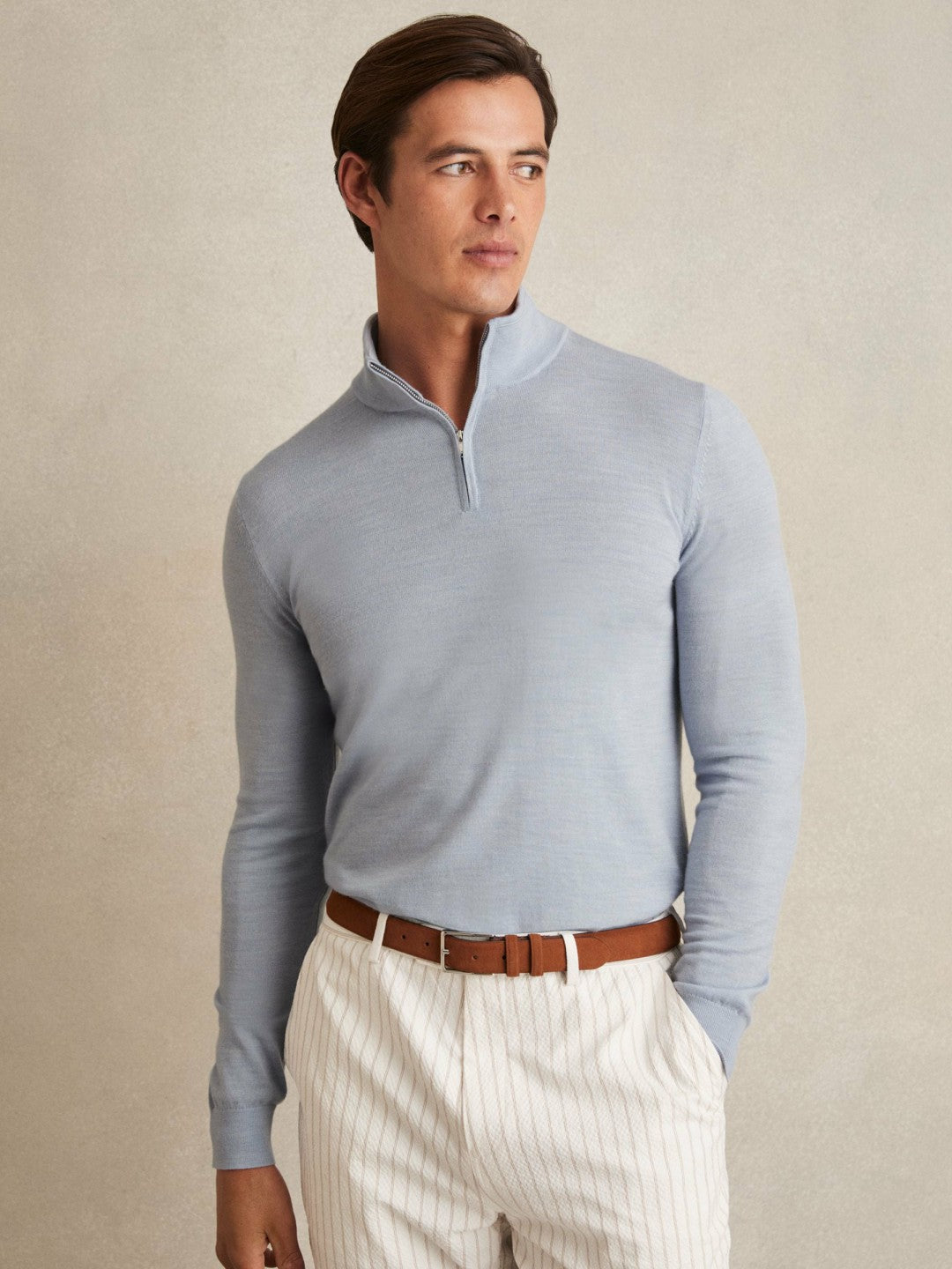 Merino Wool Half-Zip Jumper in Soft Blue | Reiss Men Best Seller