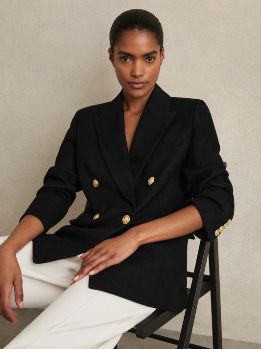 Petite Oversized Double-Breasted Blazer Linen-Blend in Black | Reiss Women Recommended