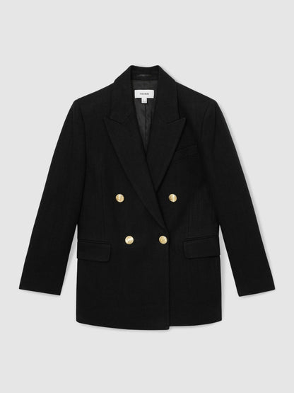 Petite Oversized Double-Breasted Blazer Linen-Blend in Black | Reiss Women Recommended