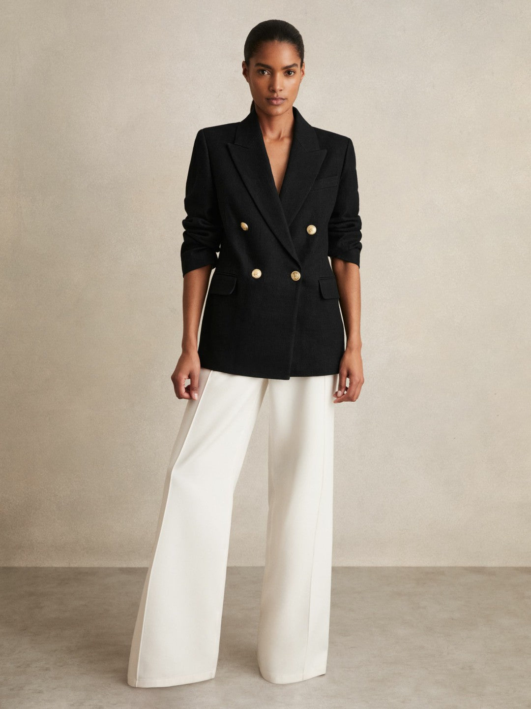 Petite Oversized Double-Breasted Blazer Linen-Blend in Black | Reiss Women Recommended