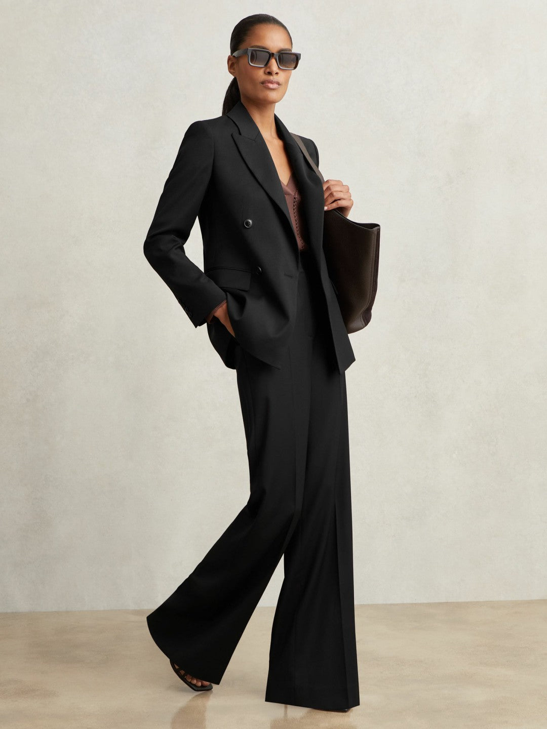 Petite Wool-Blend Wide-Leg Suit Trousers in Black | Reiss Women Exclusive