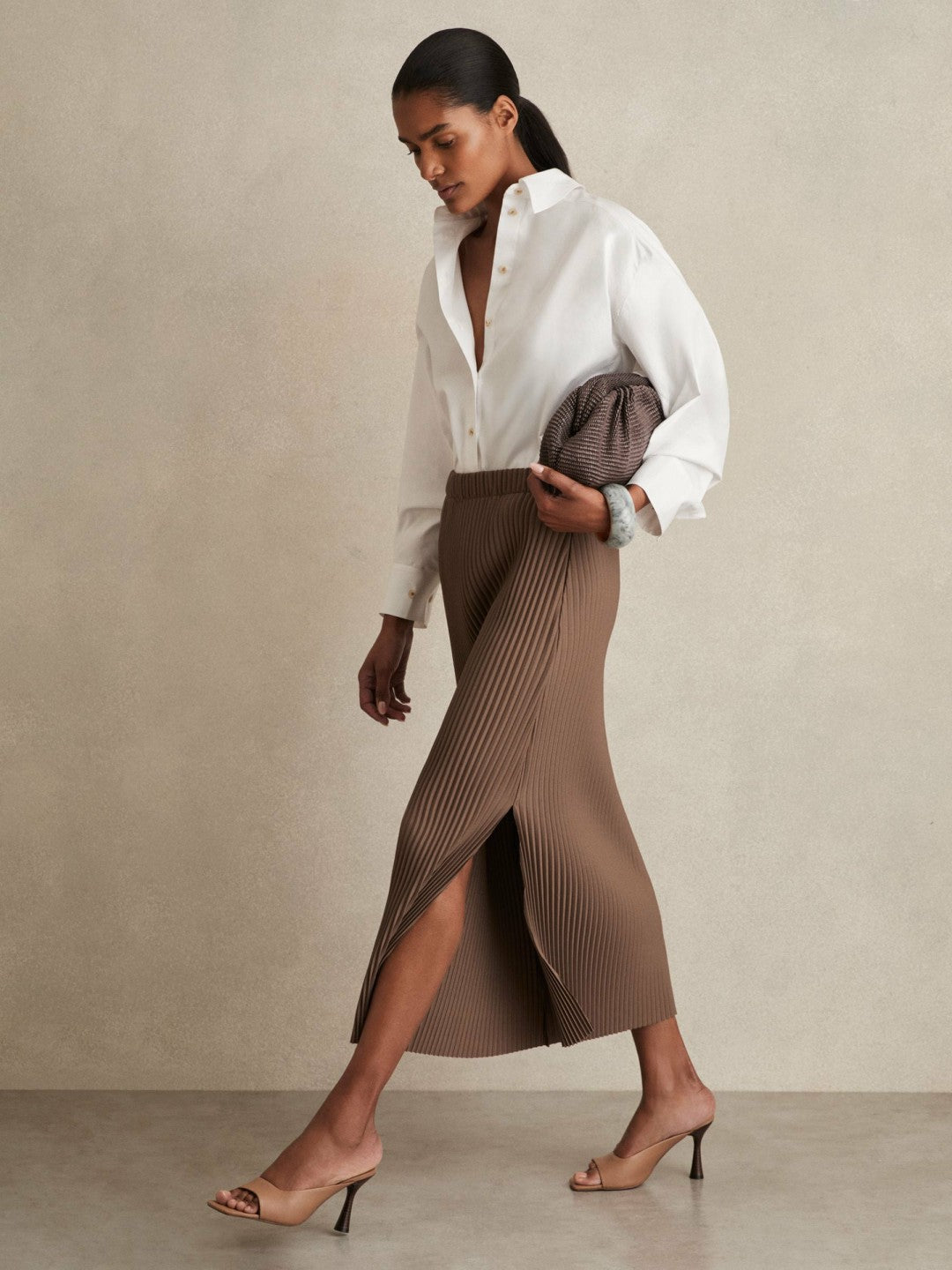 Pleated Jersey Midi Skirt in Chocolate | Reiss Women Trending