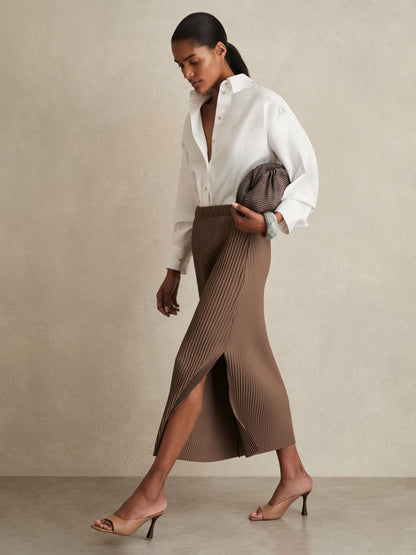 Pleated Jersey Midi Skirt in Chocolate | Reiss Women Trending