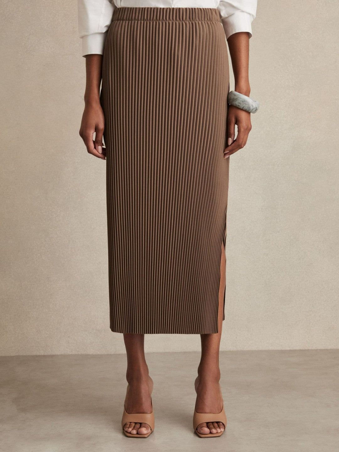 Pleated Jersey Midi Skirt in Chocolate | Reiss Women Trending