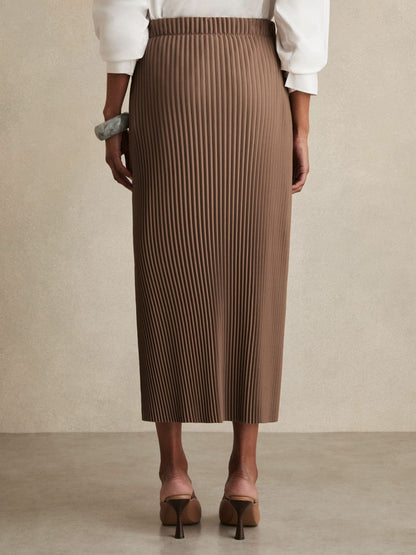 Pleated Jersey Midi Skirt in Chocolate | Reiss Women Trending