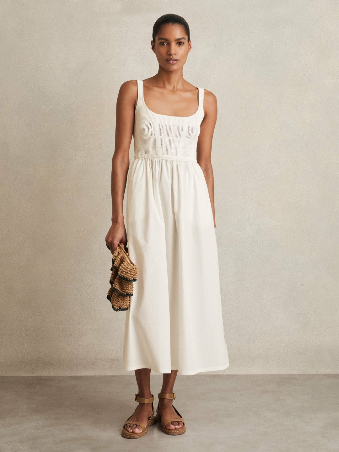 Perforated-Knit Cotton-Skirt Midi Dress in Ivory | Reiss Women Best Seller