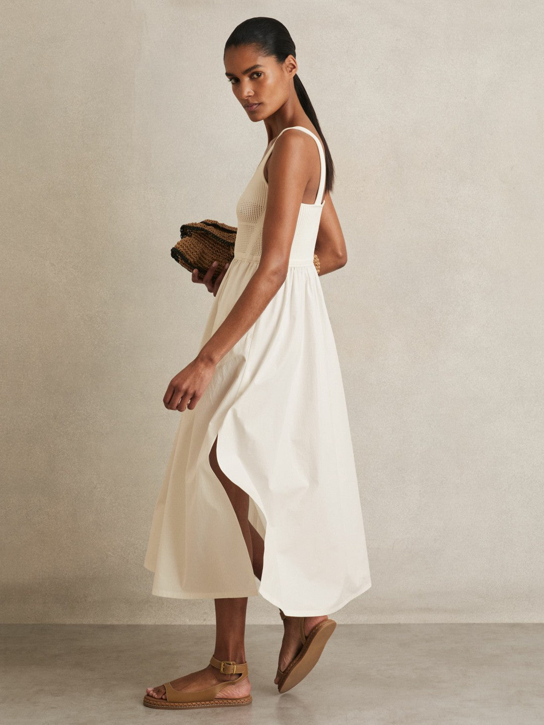 Perforated-Knit Cotton-Skirt Midi Dress in Ivory | Reiss Women Best Seller