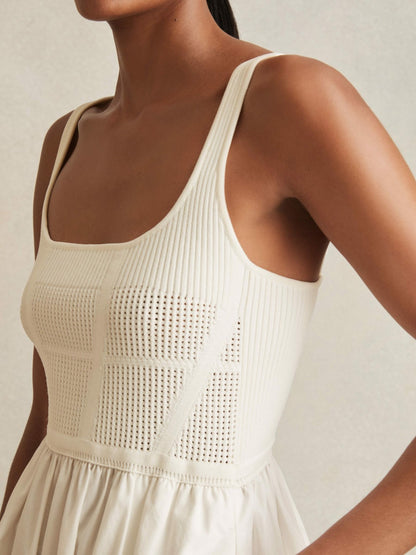 Perforated-Knit Cotton-Skirt Midi Dress in Ivory | Reiss Women Best Seller