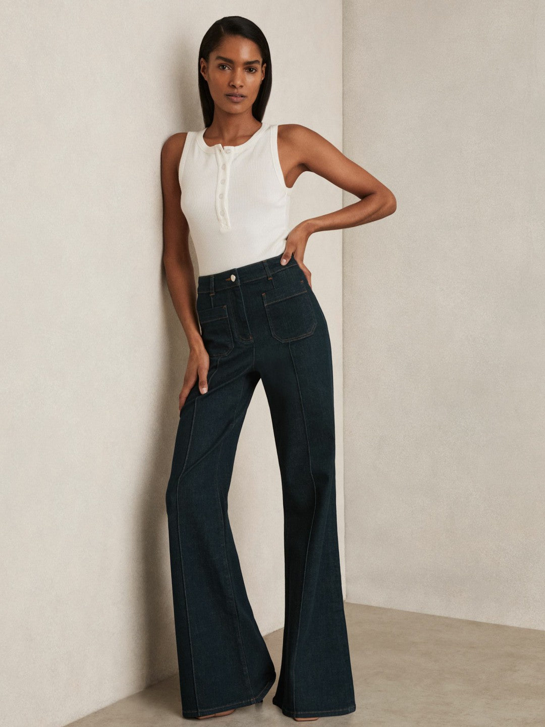 Petite Patch-Pocket Flared Jeans in Dark Blue | Reiss Women Recommended