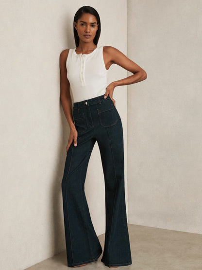 Petite Patch-Pocket Flared Jeans in Dark Blue | Reiss Women Recommended