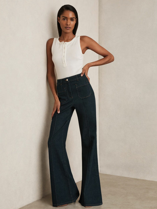 Petite Patch-Pocket Flared Jeans in Dark Blue | Reiss Women Recommended