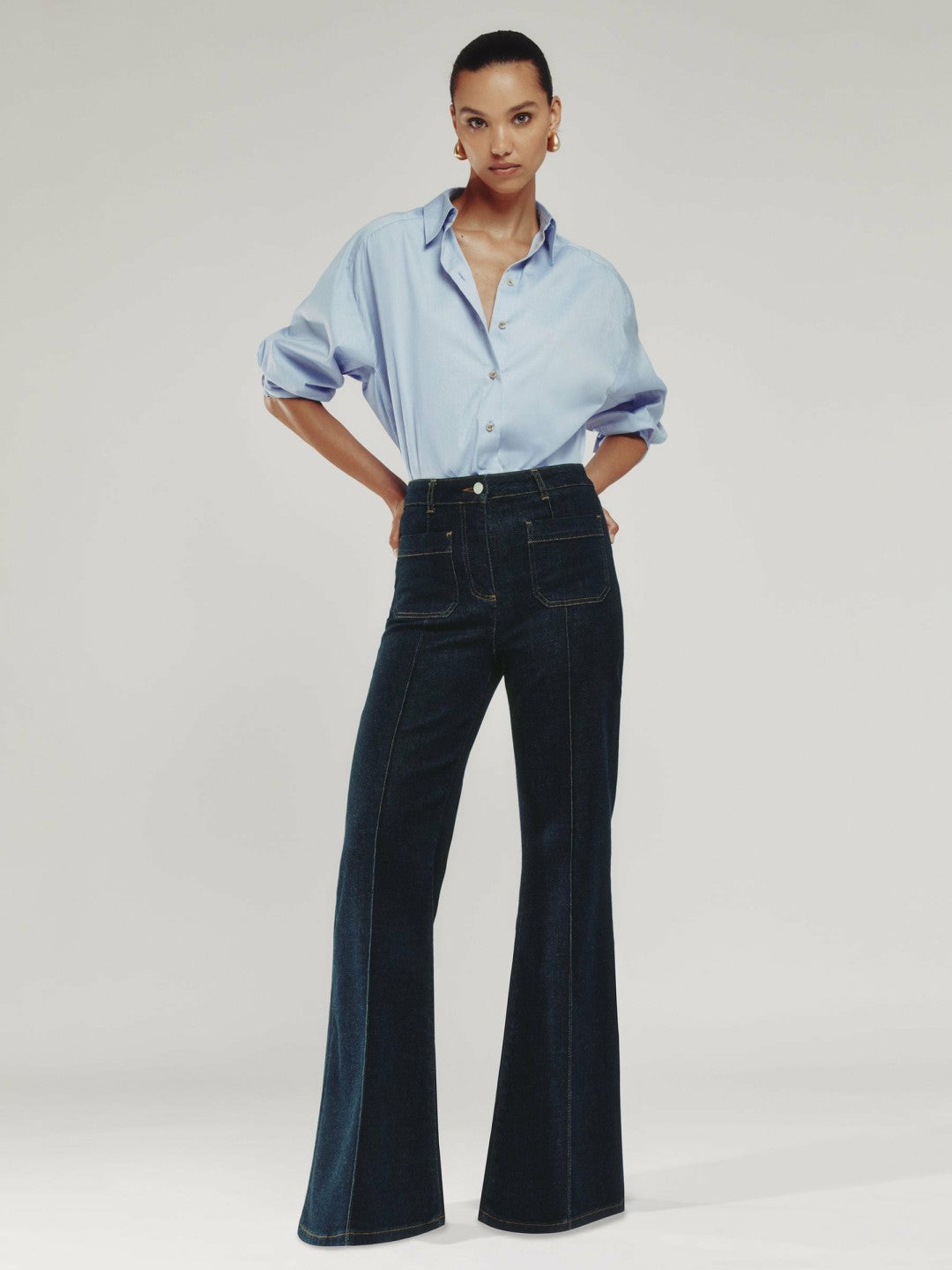 Petite Patch-Pocket Flared Jeans in Dark Blue | Reiss Women Recommended