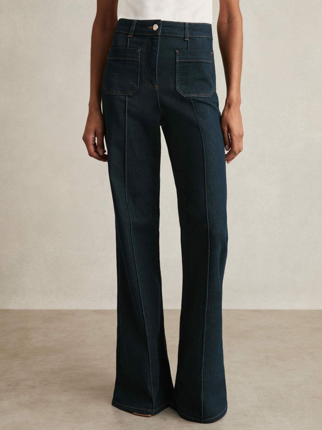 Petite Patch-Pocket Flared Jeans in Dark Blue | Reiss Women Recommended