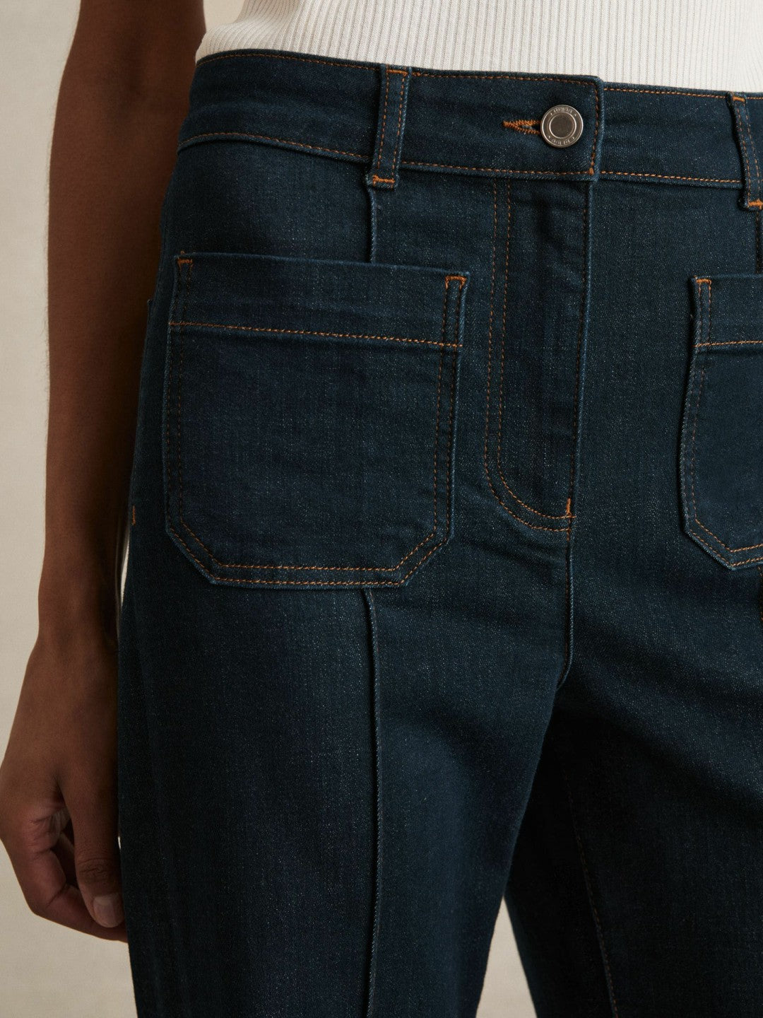 Petite Patch-Pocket Flared Jeans in Dark Blue | Reiss Women Recommended