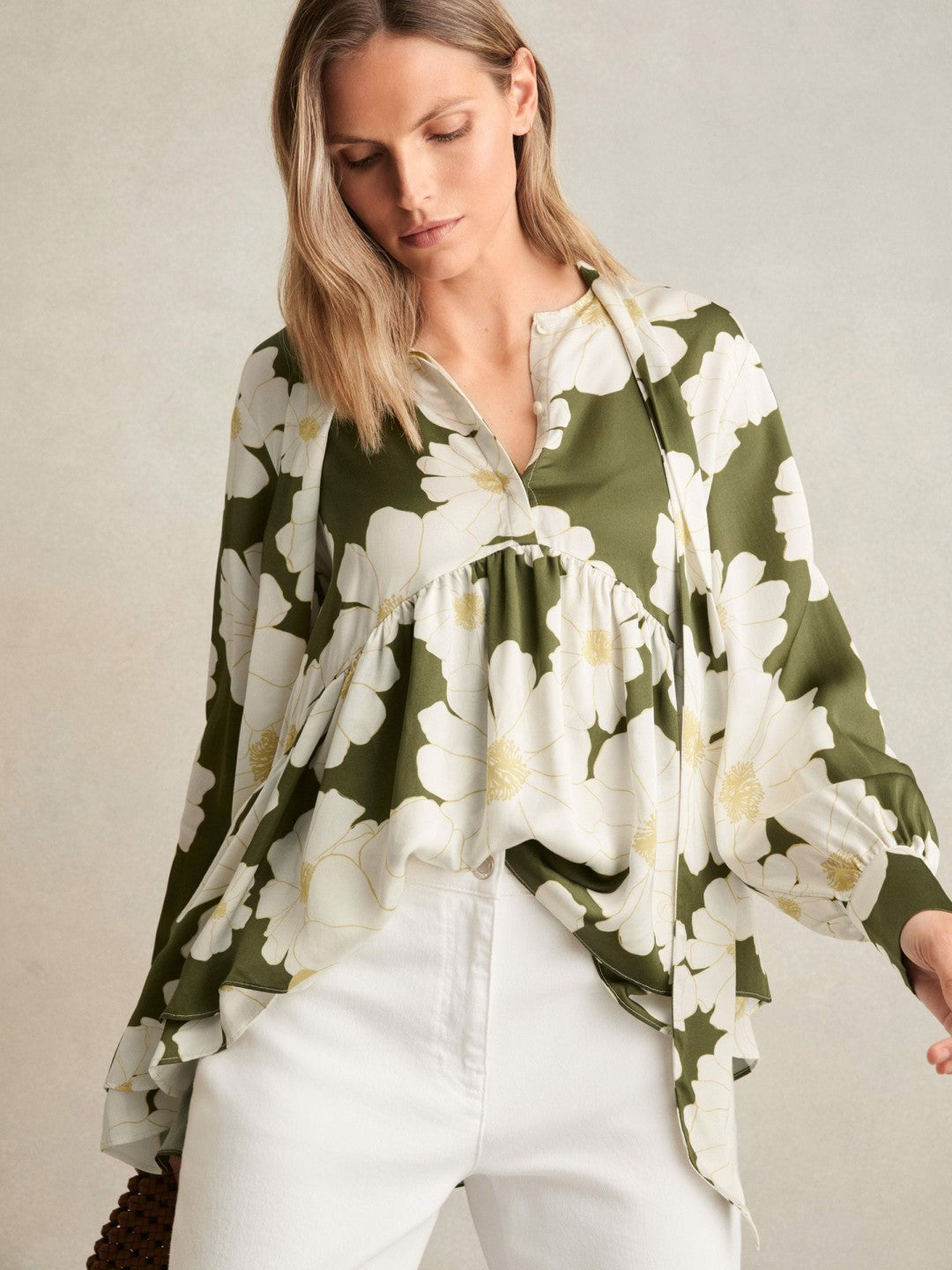 Floral Tie-Neck Swing Blouse in Ivory/Green | Reiss Women Trending