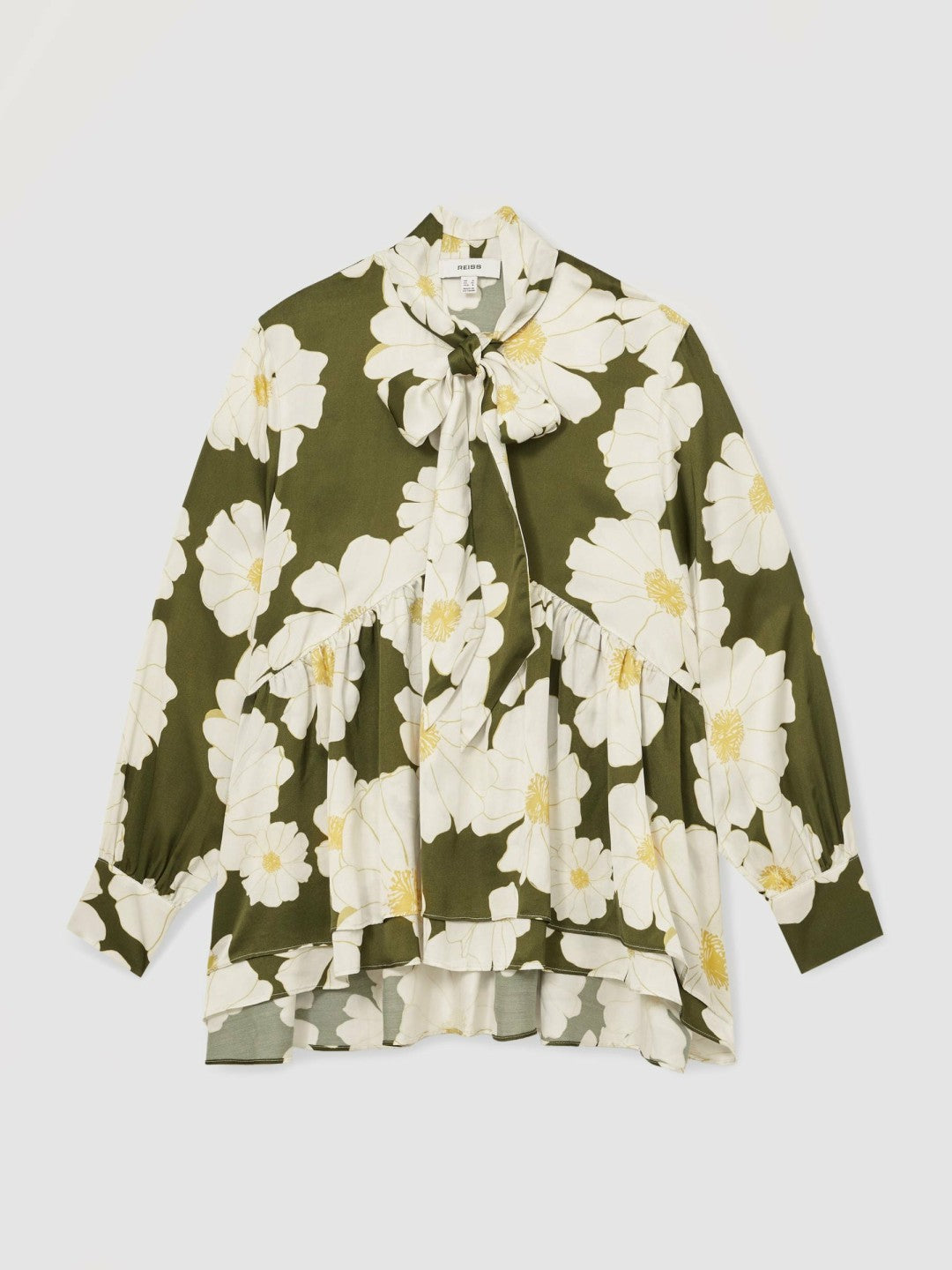 Floral Tie-Neck Swing Blouse in Ivory/Green | Reiss Women Trending