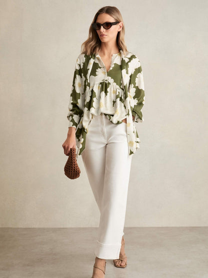 Floral Tie-Neck Swing Blouse in Ivory/Green | Reiss Women Trending