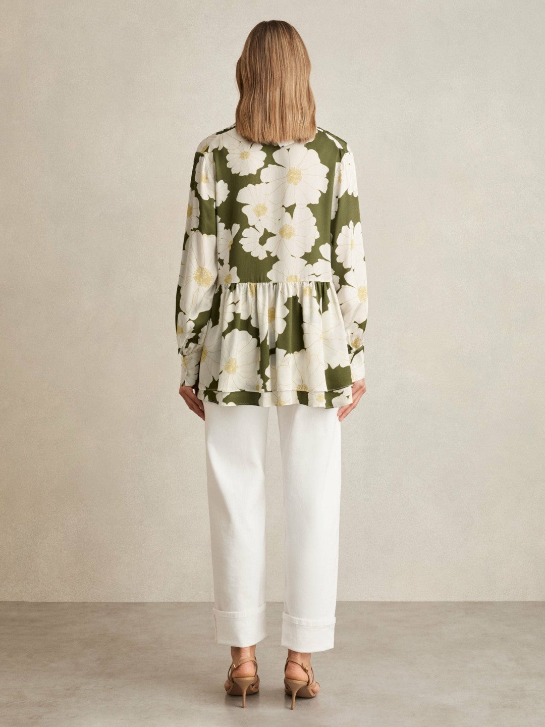 Floral Tie-Neck Swing Blouse in Ivory/Green | Reiss Women Trending