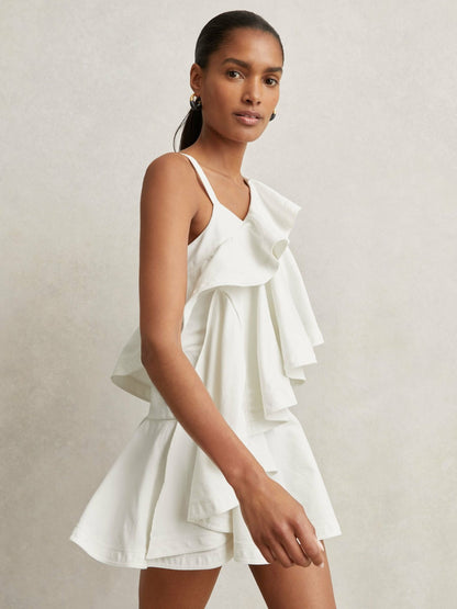Cotton Tiered Ruffle Mini Dress in Ivory | Reiss Women Popular