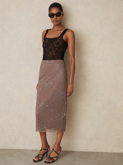 Lace Pencil Skirt in Taupe Brown | Reiss Women New
