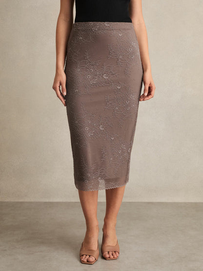 Lace Pencil Skirt in Taupe Brown | Reiss Women New