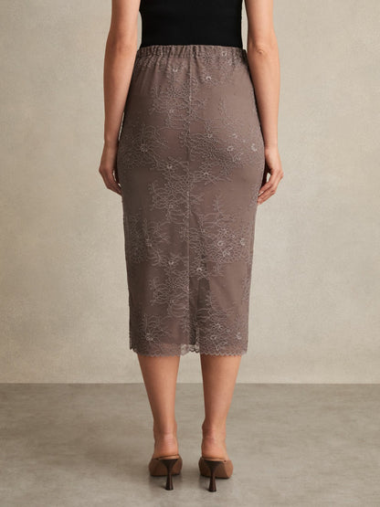 Lace Pencil Skirt in Taupe Brown | Reiss Women New